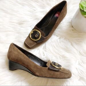 Coach Margaret Tan Brown Suede Gold Buckle Wedge Heel Shoes